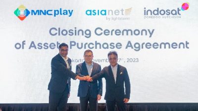 Acara penutupan penandatanganan akuisisi MNC Play dan Asianet oleh Indosat (indosat). Foto: ist